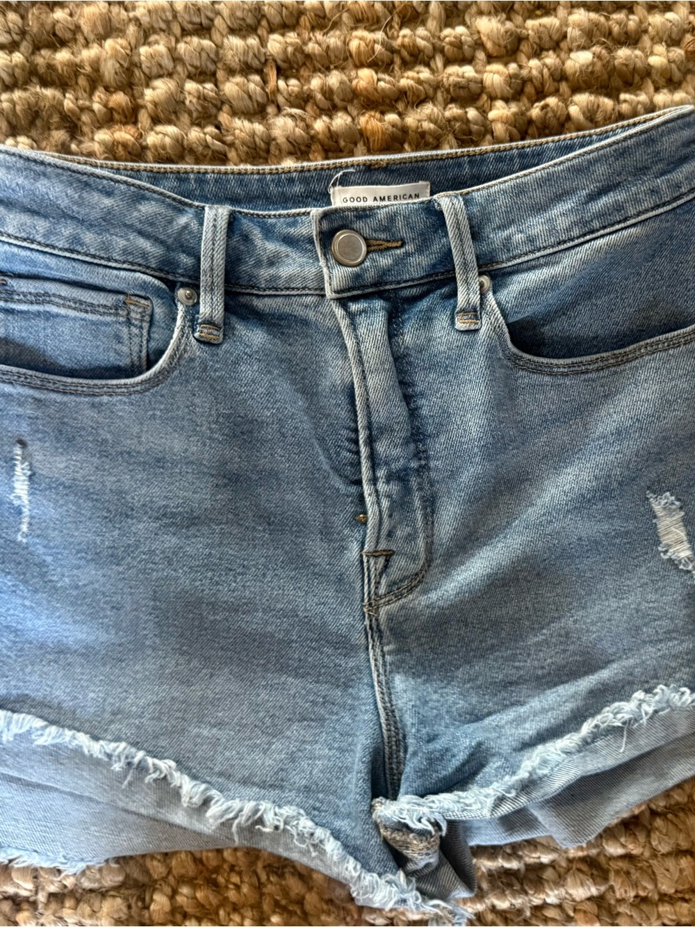 Good American Light Blue Denim Cutoff Shorts